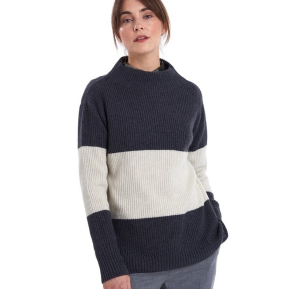 BARBOUR Heathered Wool Blend Border Knit Stripe Colorblock Mockneck Sweater